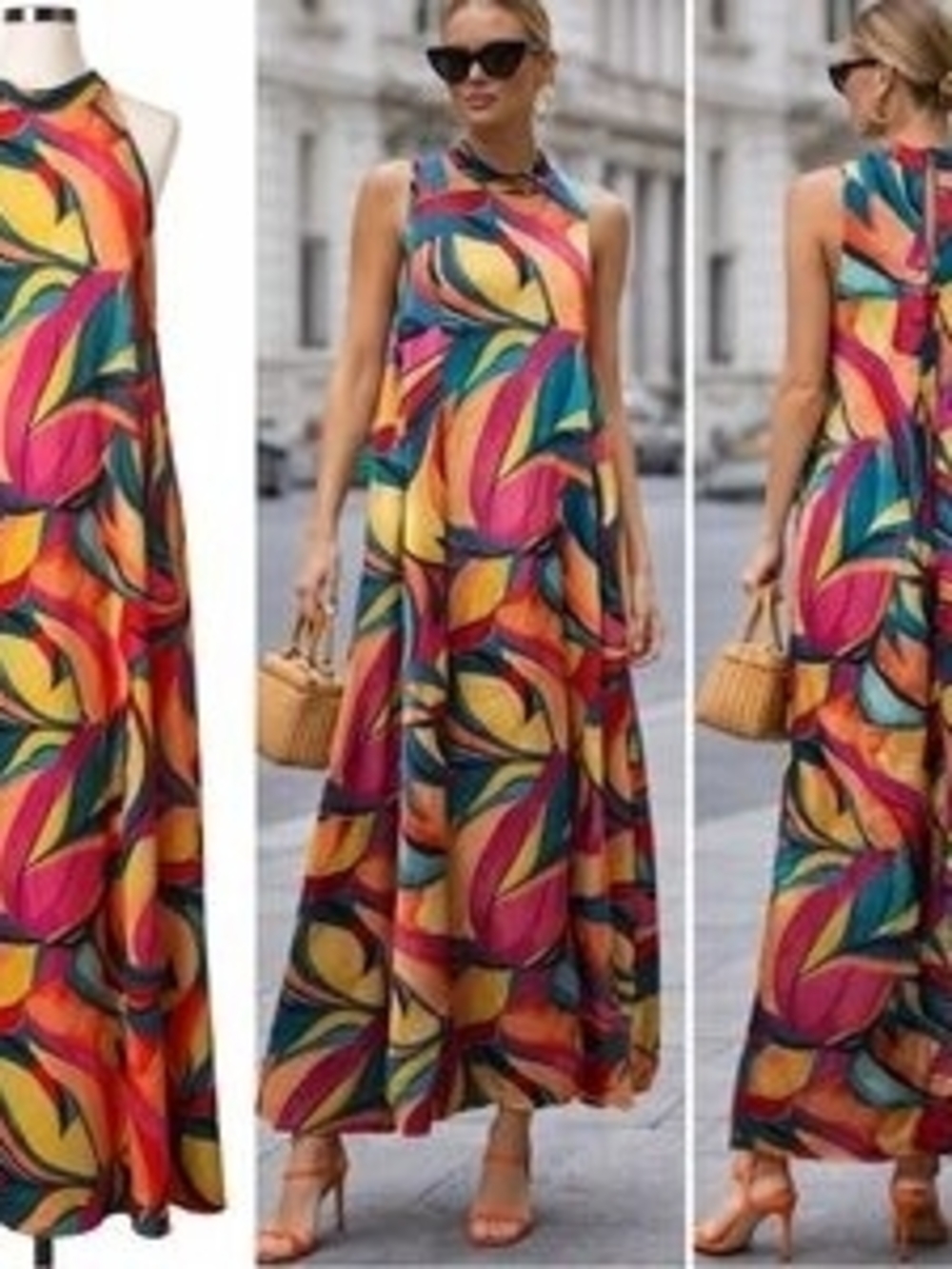 Nicole Miller Multicolor Satin Sleeveless Maxi Dress